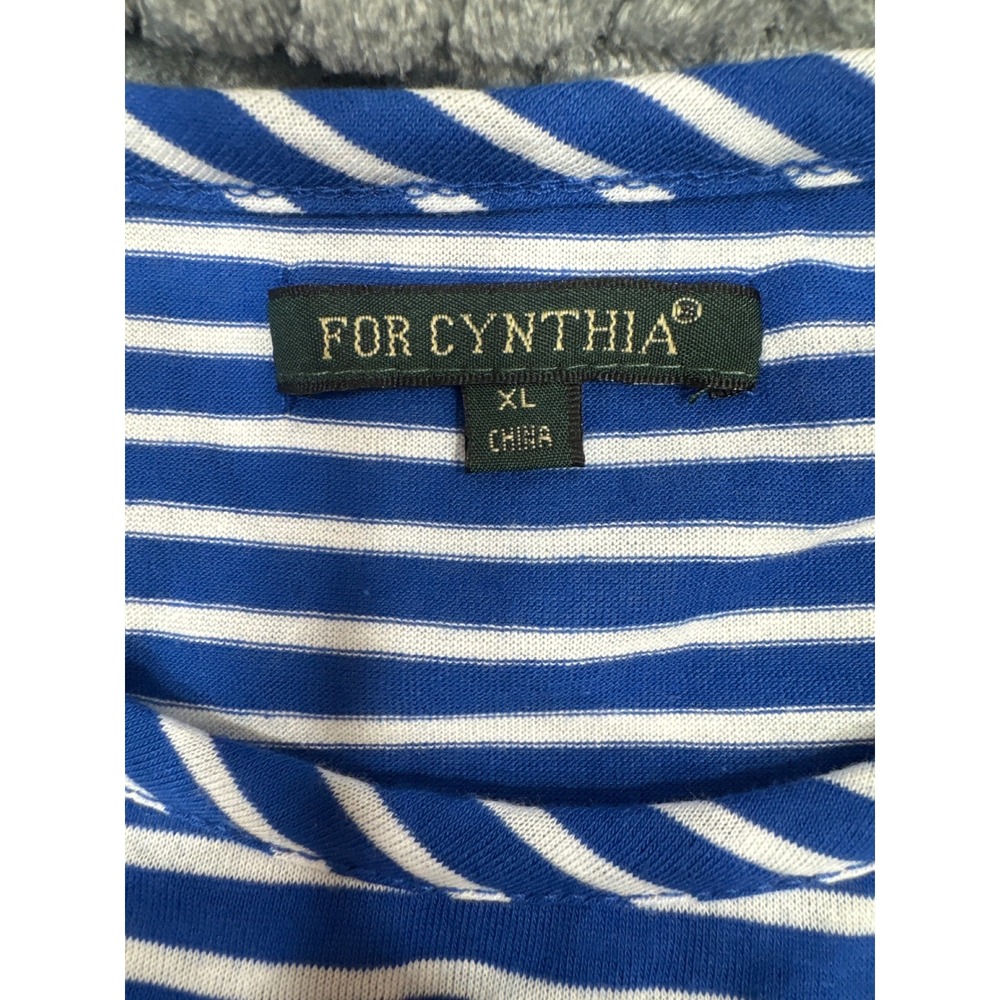 For Cynthia Womens XL Blue White Striped Long Sleeve Crew Neck Shirt Curved‎ Hem - Picture 4 of 5